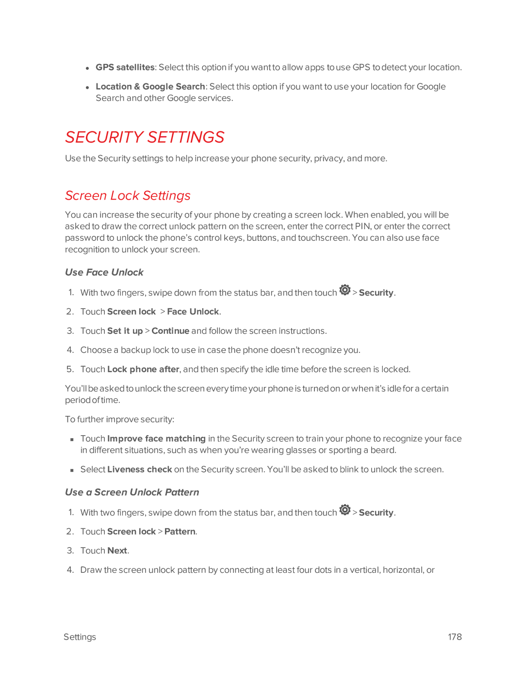 Virgin Mobile 601 manual Security Settings, Screen Lock Settings, Use Face Unlock, Use a Screen Unlock Pattern 