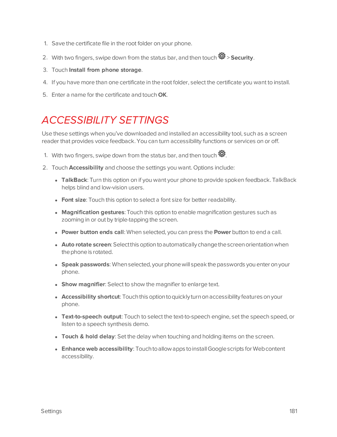 Virgin Mobile 601 manual Accessibility Settings, Touch Install from phone storage 