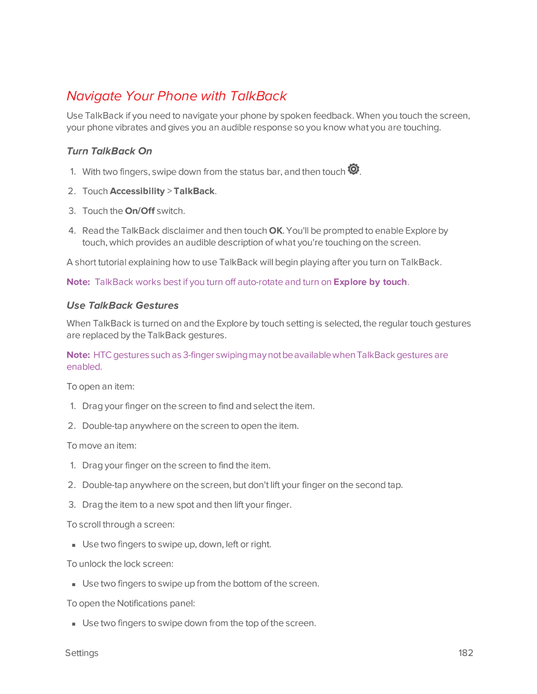 Virgin Mobile 601 Navigate Your Phone with TalkBack, Turn TalkBack On, Use TalkBack Gestures, Touch Accessibility TalkBack 