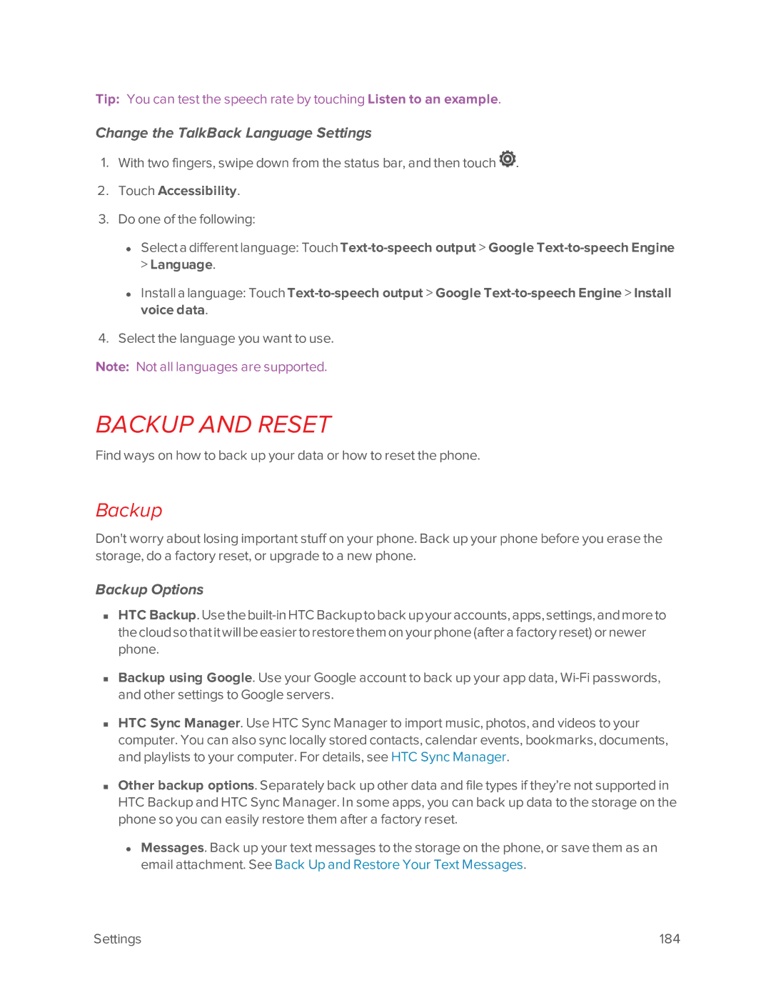 Virgin Mobile 601 manual Backup and Reset, Change the TalkBack Language Settings, Backup Options, Touch Accessibility 