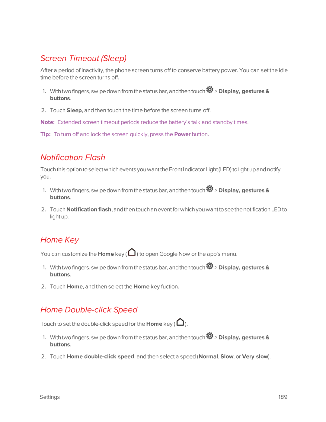 Virgin Mobile 601 manual Screen Timeout Sleep, Notification Flash, Home Key, Home Double-click Speed 