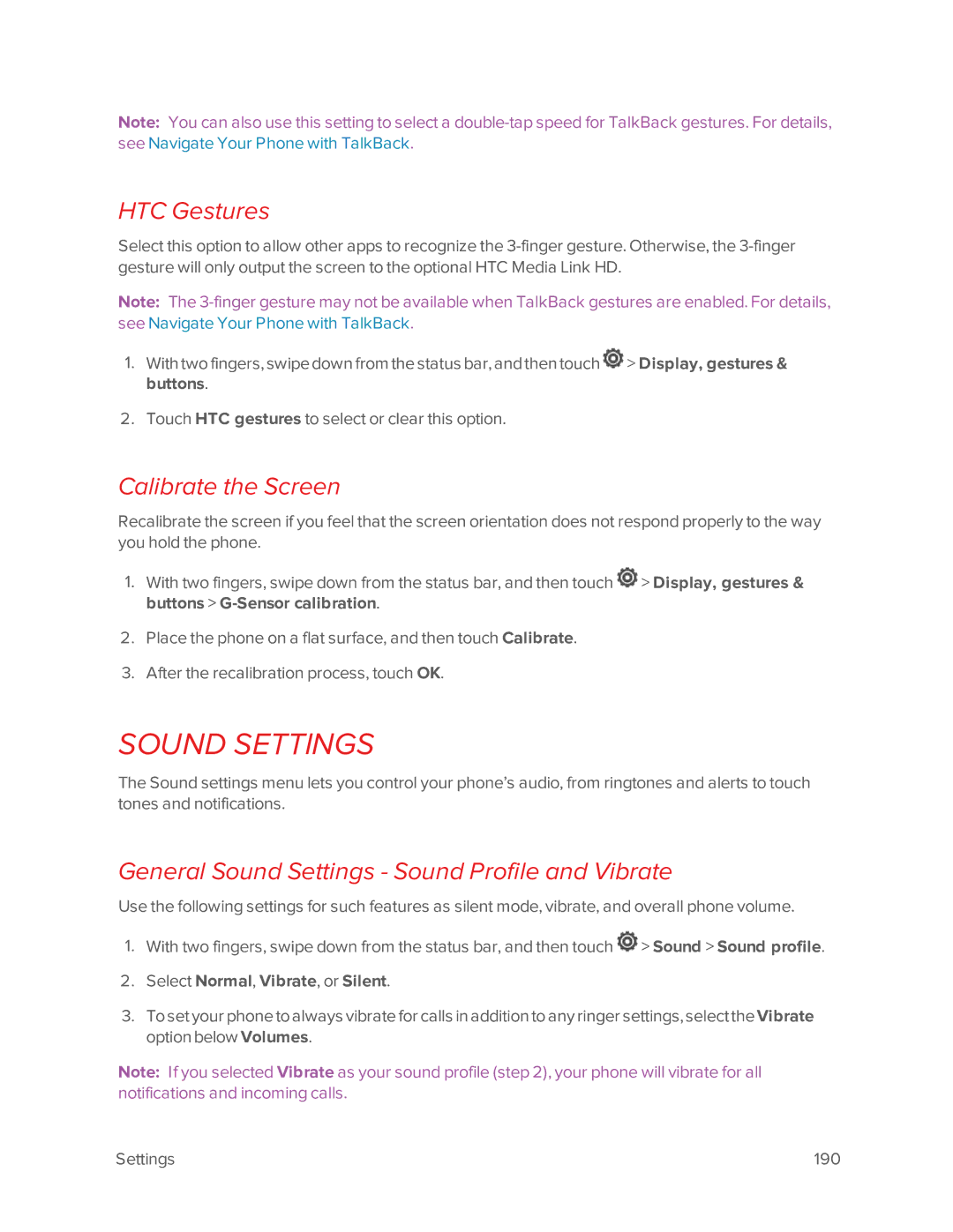 Virgin Mobile 601 manual HTC Gestures, Calibrate the Screen, General Sound Settings Sound Profile and Vibrate 