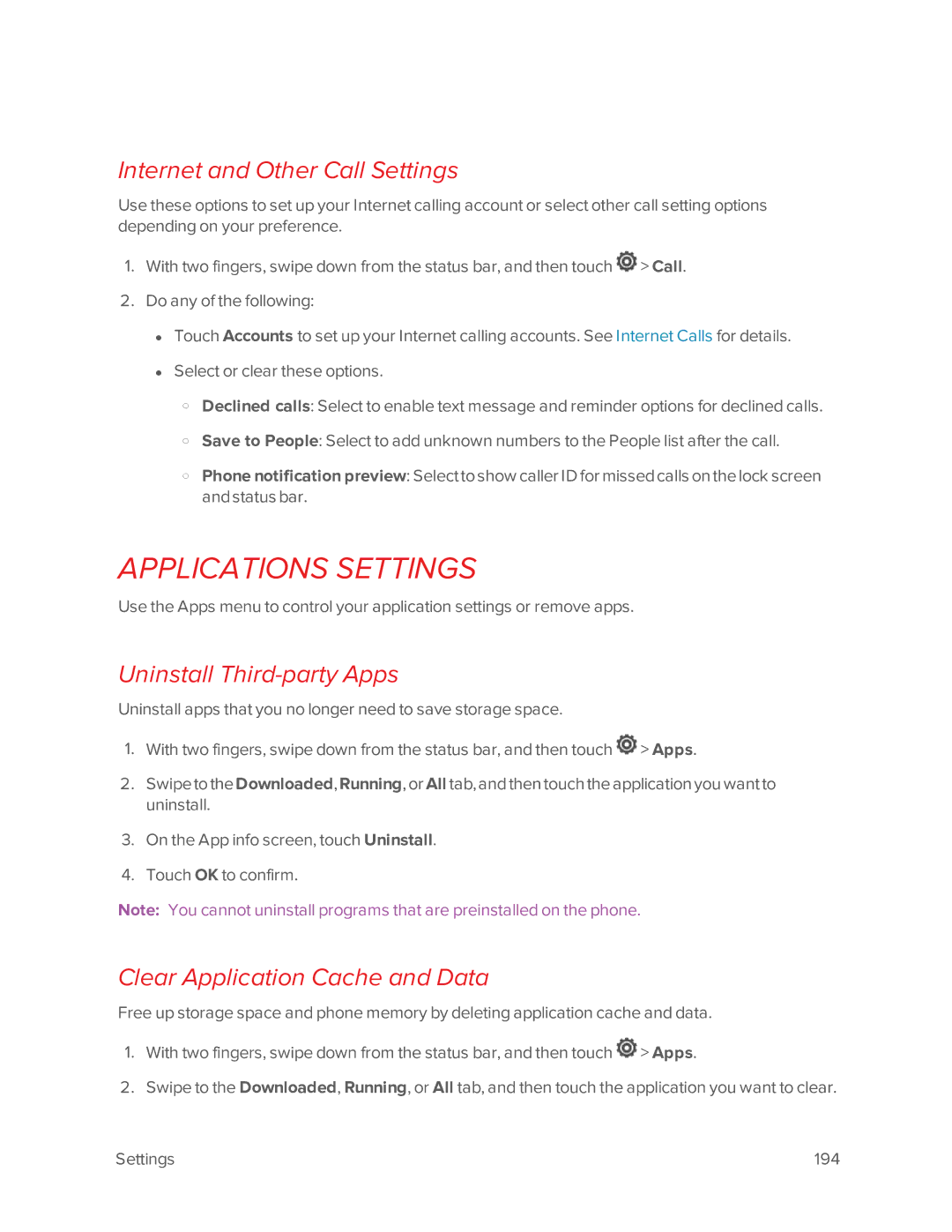 Virgin Mobile 601 manual Applications Settings, Internet and Other Call Settings, Uninstall Third-party Apps 