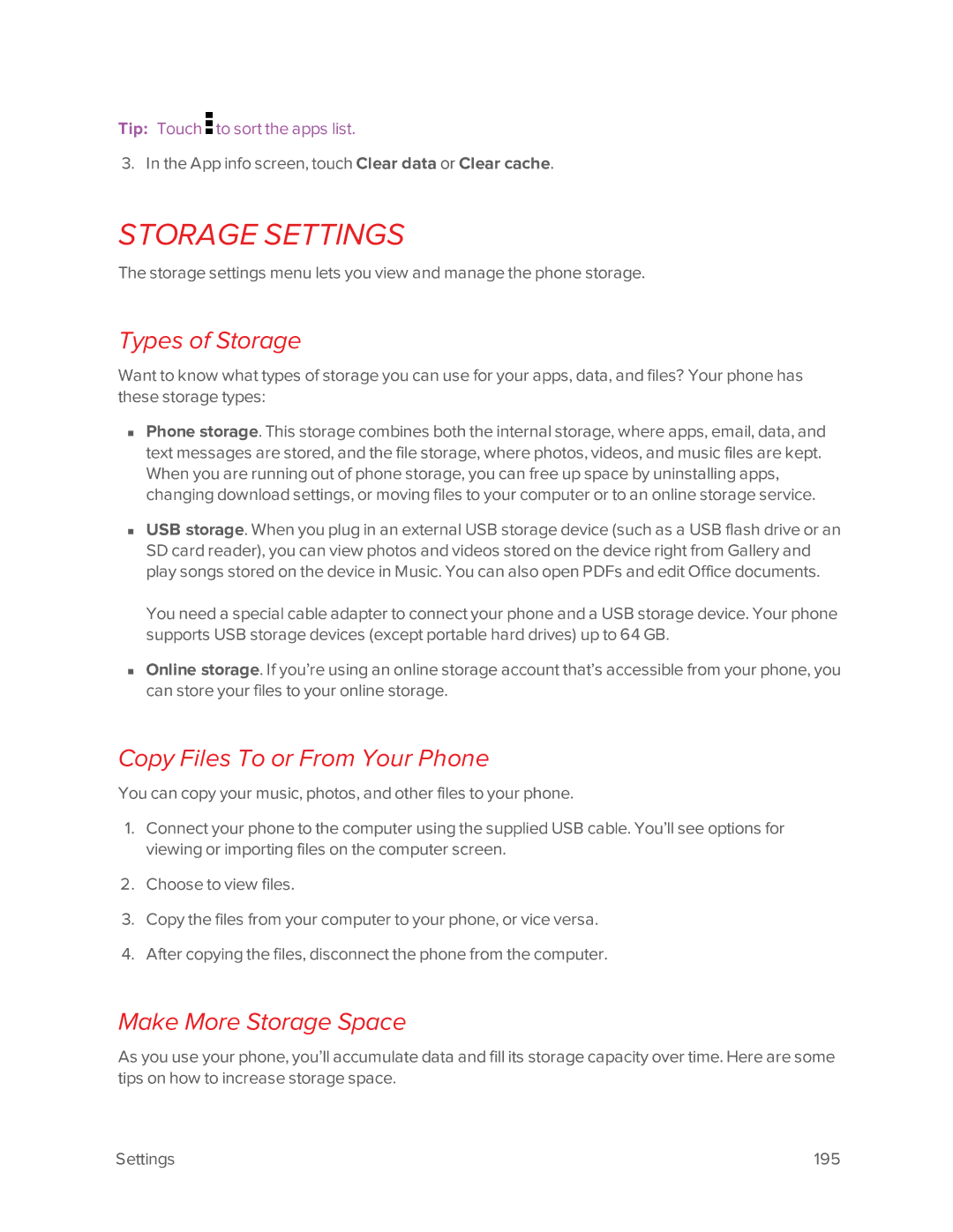 Virgin Mobile 601 manual Storage Settings, Types of Storage, Copy Files To or From Your Phone, Make More Storage Space 