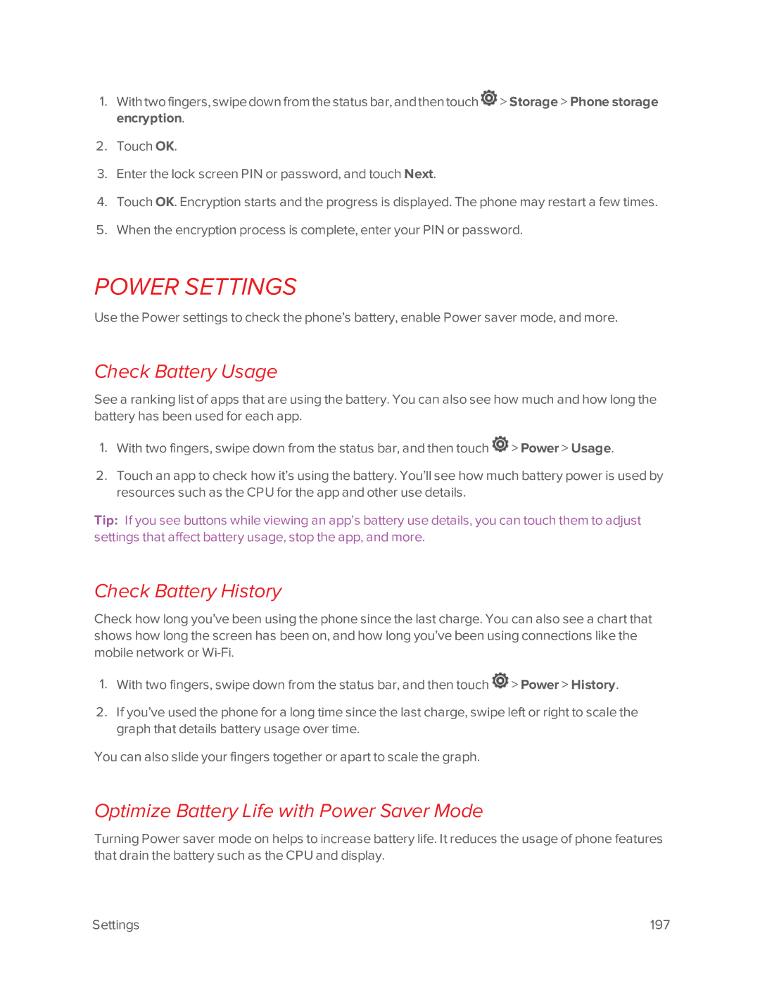 Virgin Mobile 601 Power Settings, Check Battery Usage, Check Battery History, Optimize Battery Life with Power Saver Mode 