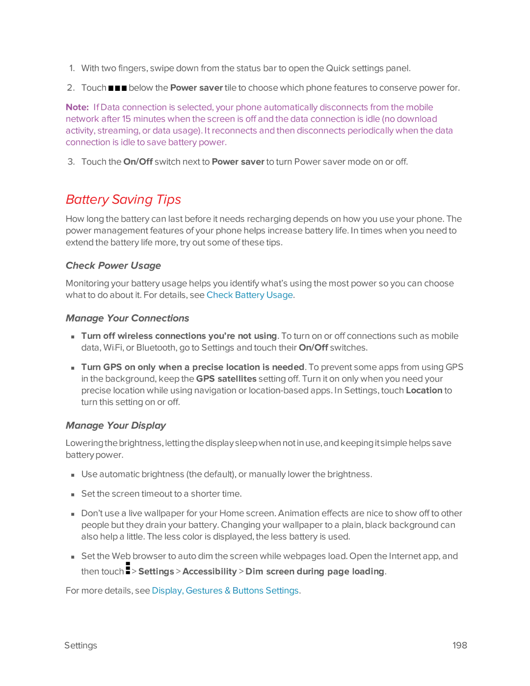 Virgin Mobile 601 manual Battery Saving Tips, Check Power Usage, Manage Your Connections, Manage Your Display 