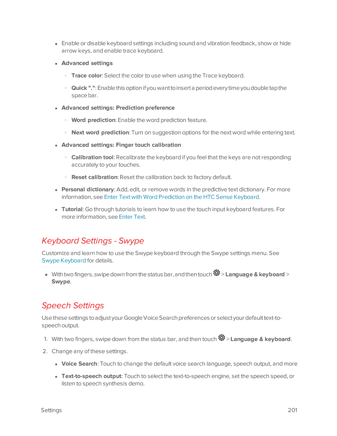 Virgin Mobile 601 manual Keyboard Settings Swype, Speech Settings, Advanced settings Prediction preference 