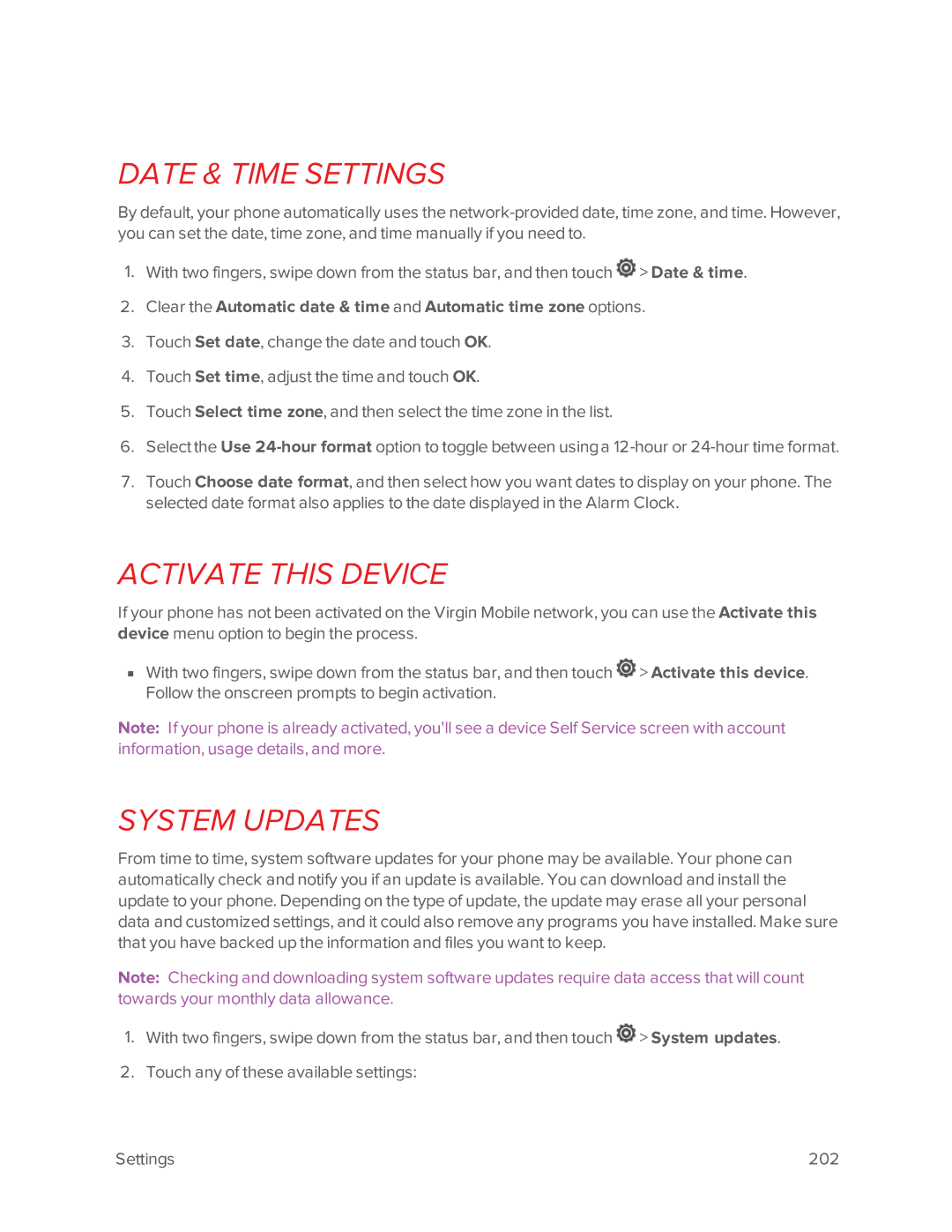 Virgin Mobile 601 manual Date & Time Settings, Activate this Device, System Updates 