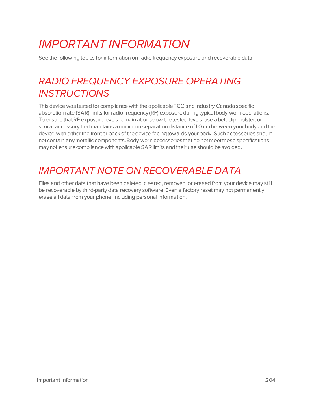 Virgin Mobile 601 manual Radio Frequency Exposure Operating Instructions, Important Note on Recoverable Data 