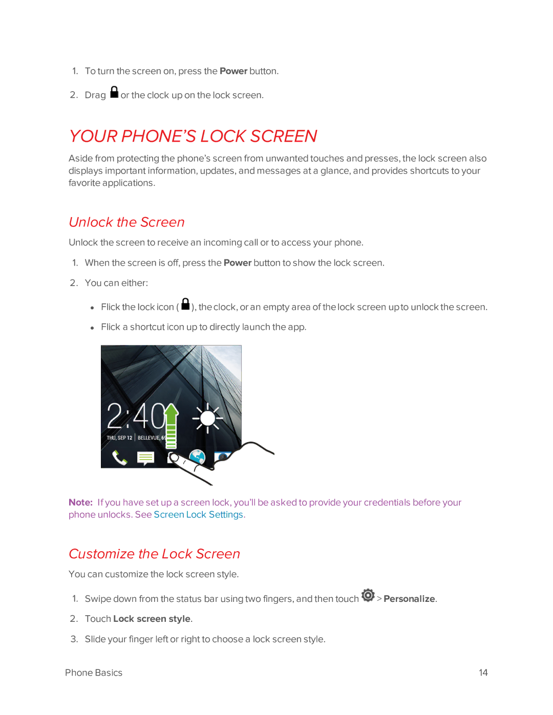 Virgin Mobile 601 manual Your PHONE’S Lock Screen, Unlock the Screen, Customize the Lock Screen, Touch Lock screen style 