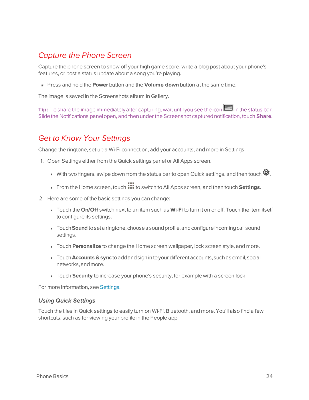 Virgin Mobile 601 manual Capture the Phone Screen, Get to Know Your Settings, Using Quick Settings 