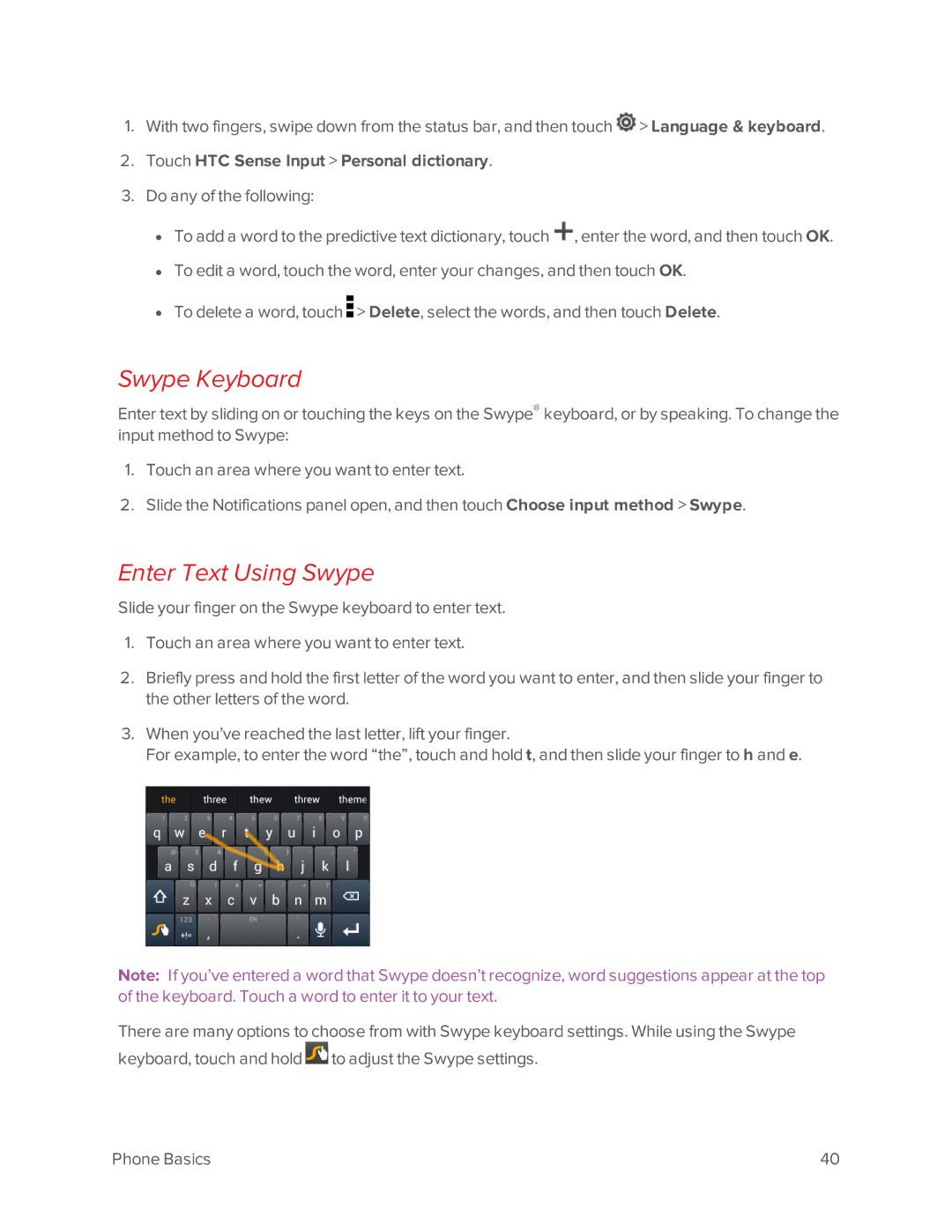 Virgin Mobile 601 manual Swype Keyboard, Enter Text Using Swype, Touch HTC Sense Input Personal dictionary 