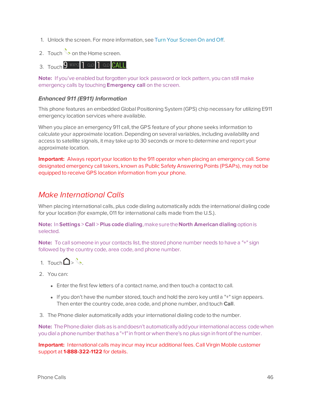 Virgin Mobile 601 manual Make International Calls, Enhanced 911 E911 Information 