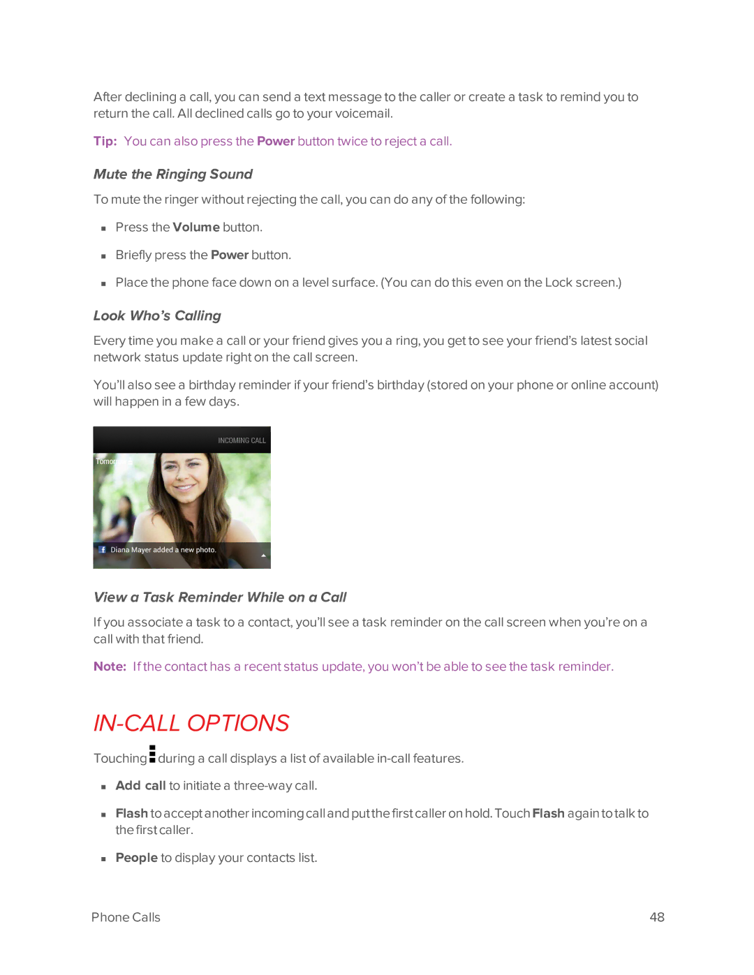 Virgin Mobile 601 manual IN-CALL Options, Mute the Ringing Sound, Look Who’s Calling, View a Task Reminder While on a Call 