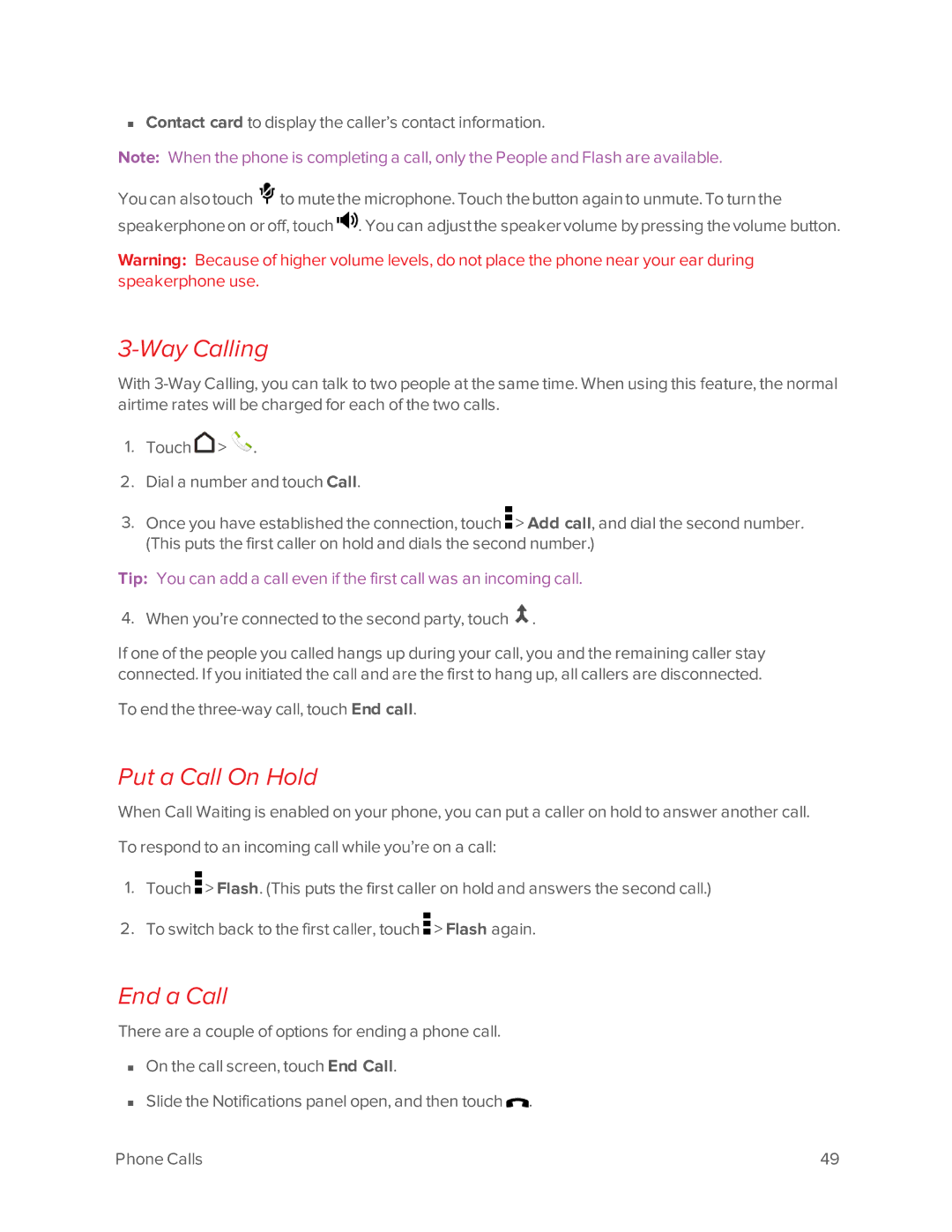 Virgin Mobile 601 manual Way Calling, Put a Call On Hold, End a Call 