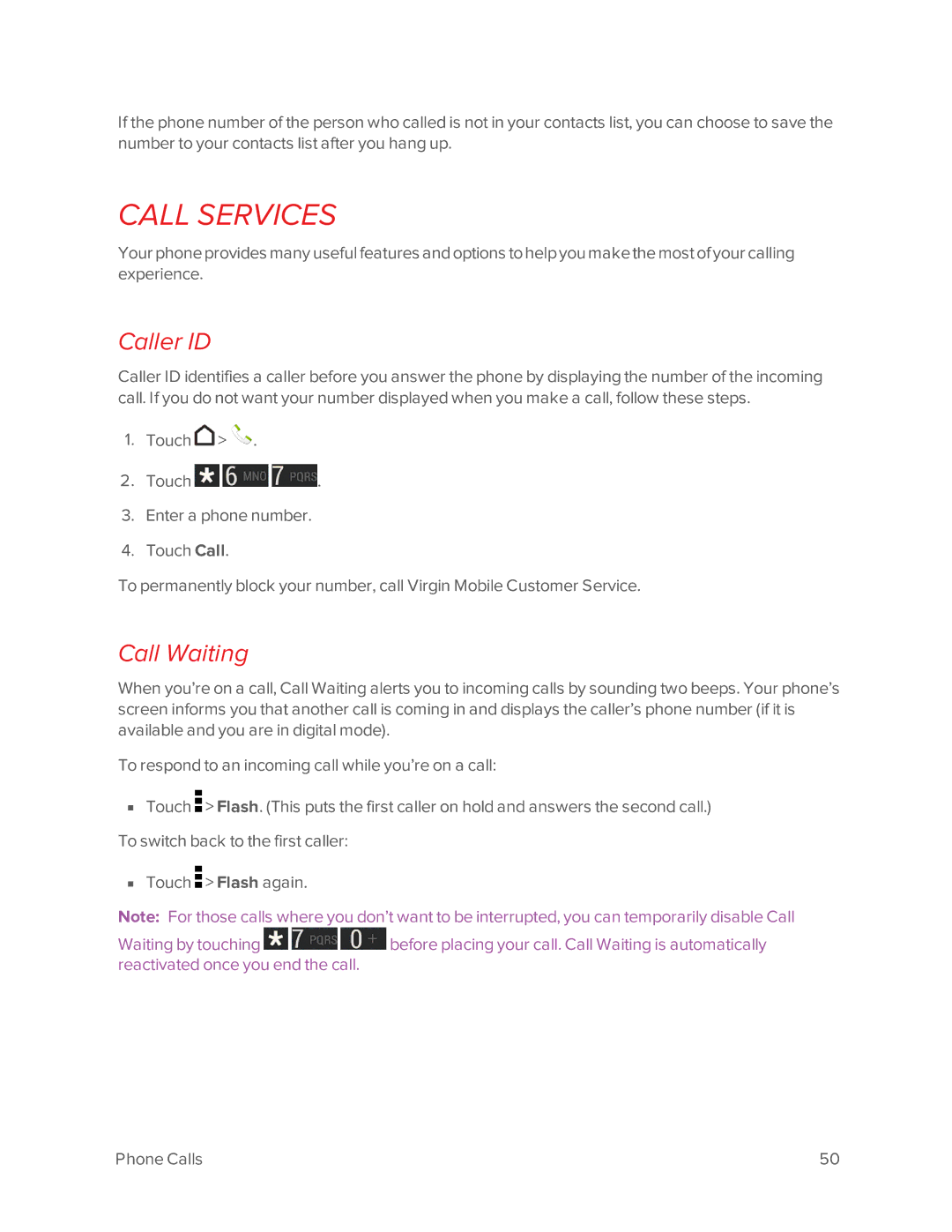 Virgin Mobile 601 manual Call Services, Caller ID, Call Waiting 