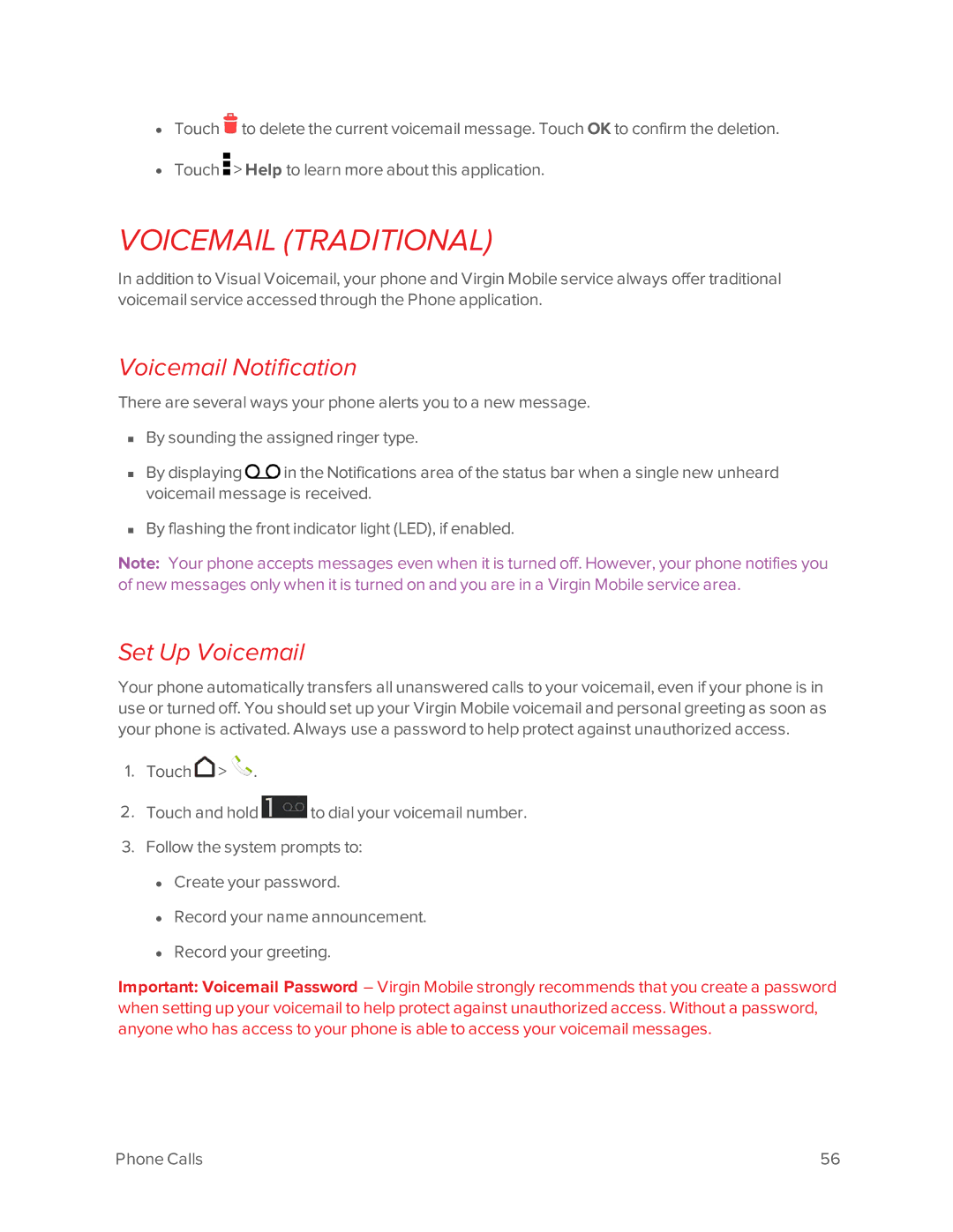 Virgin Mobile 601 manual Voicemail Traditional, Voicemail Notification, Set Up Voicemail 