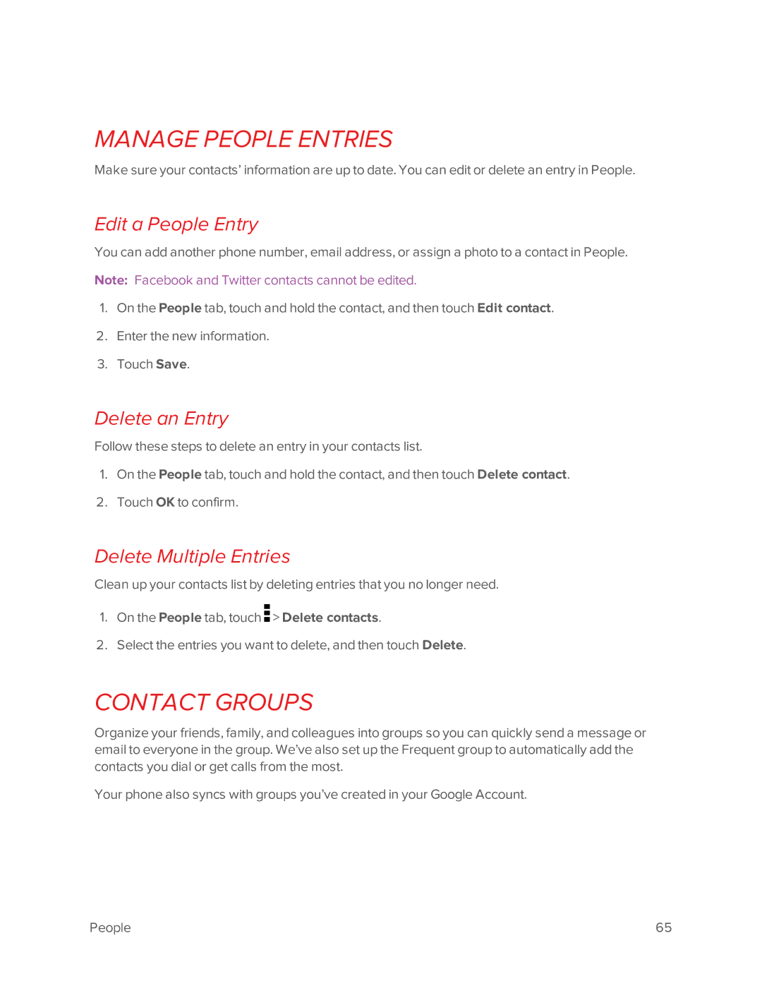 Virgin Mobile 601 Manage People Entries, Contact Groups, Edit a People Entry, Delete an Entry, Delete Multiple Entries 