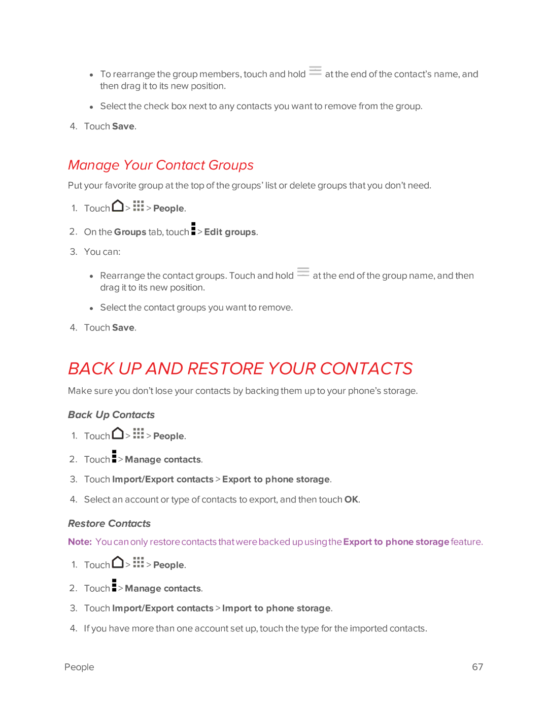 Virgin Mobile 601 manual Back UP and Restore Your Contacts, Manage Your Contact Groups, Back Up Contacts, Restore Contacts 