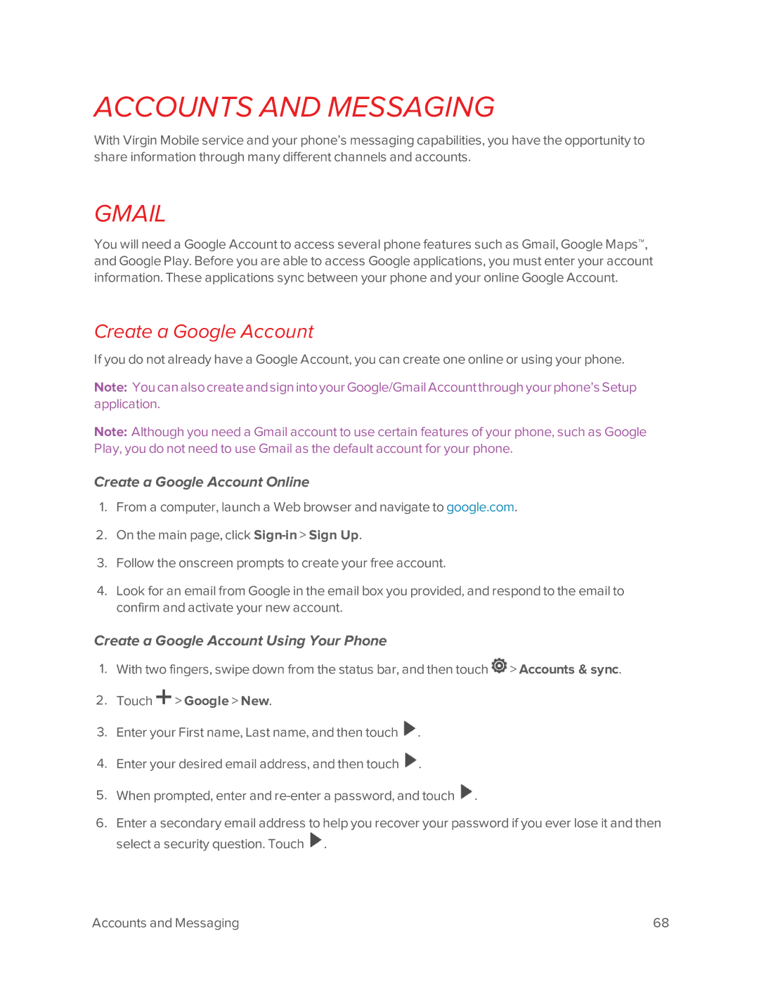 Virgin Mobile 601 manual Gmail, Create a Google Account Online, Create a Google Account Using Your Phone 