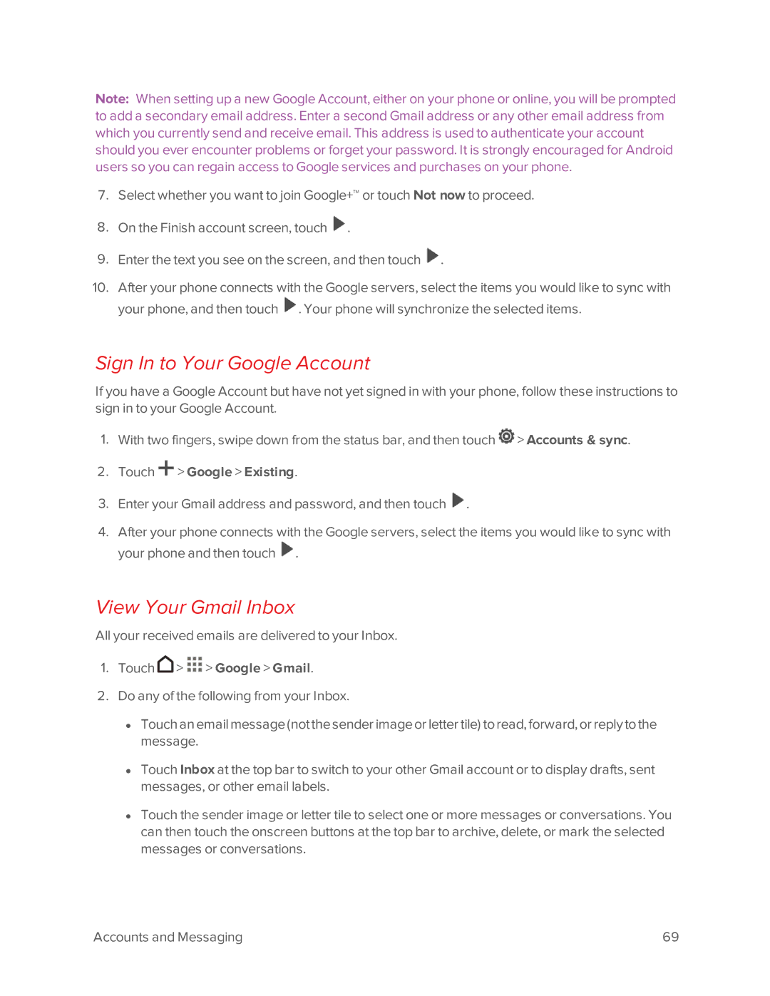 Virgin Mobile 601 manual Sign In to Your Google Account, View Your Gmail Inbox, Touch Google Existing 