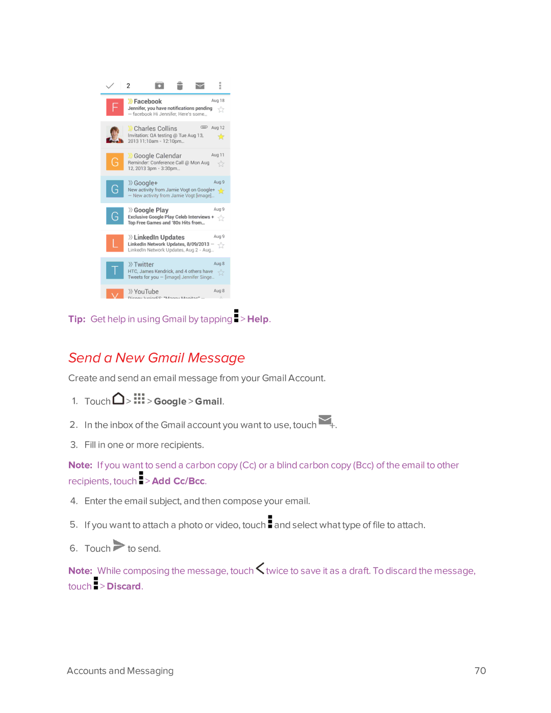 Virgin Mobile 601 manual Send a New Gmail Message 