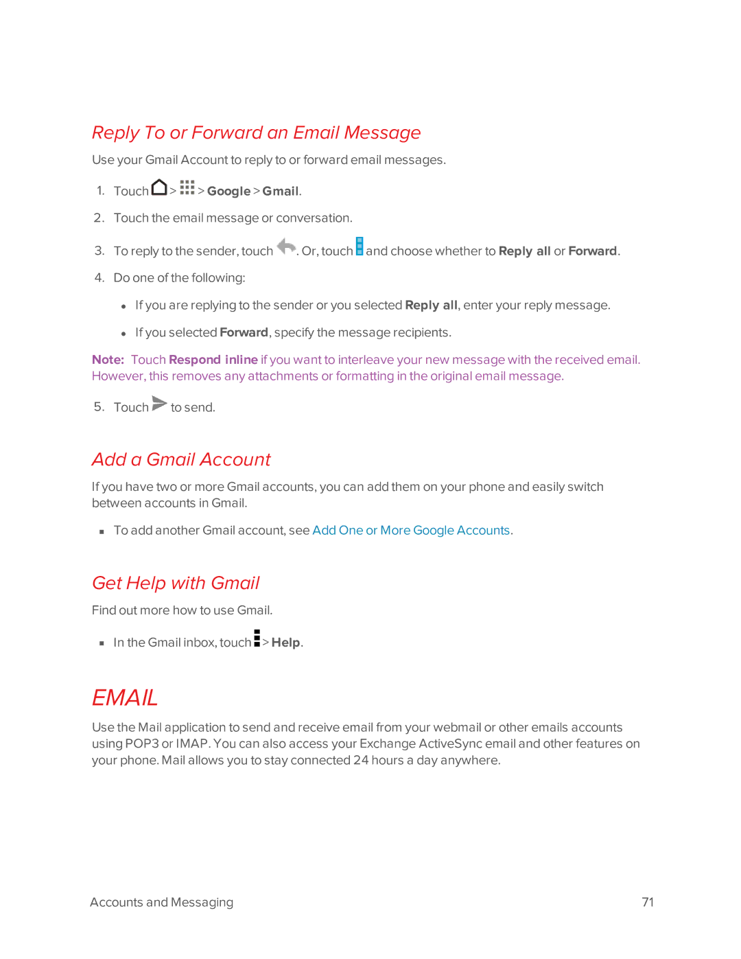 Virgin Mobile 601 manual Reply To or Forward an Email Message, Add a Gmail Account, Get Help with Gmail 