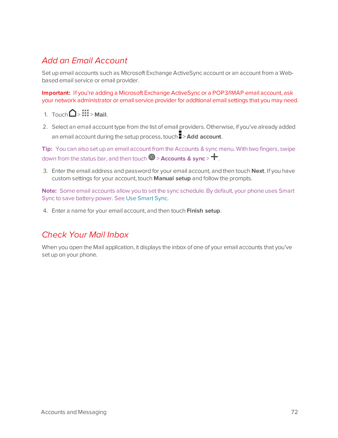 Virgin Mobile 601 manual Add an Email Account, Check Your Mail Inbox 