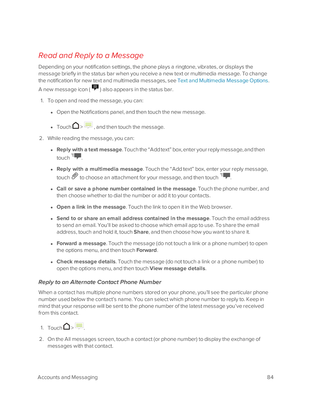 Virgin Mobile 601 manual Read and Reply to a Message, Reply to an Alternate Contact Phone Number 