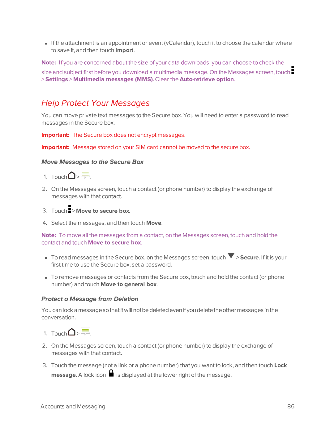 Virgin Mobile 601 manual Help Protect Your Messages, Move Messages to the Secure Box, Protect a Message from Deletion 