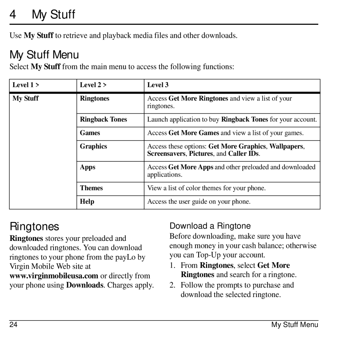 Virgin Mobile 836182001579 manual My Stuff Menu, Ringtones, Download a Ringtone 