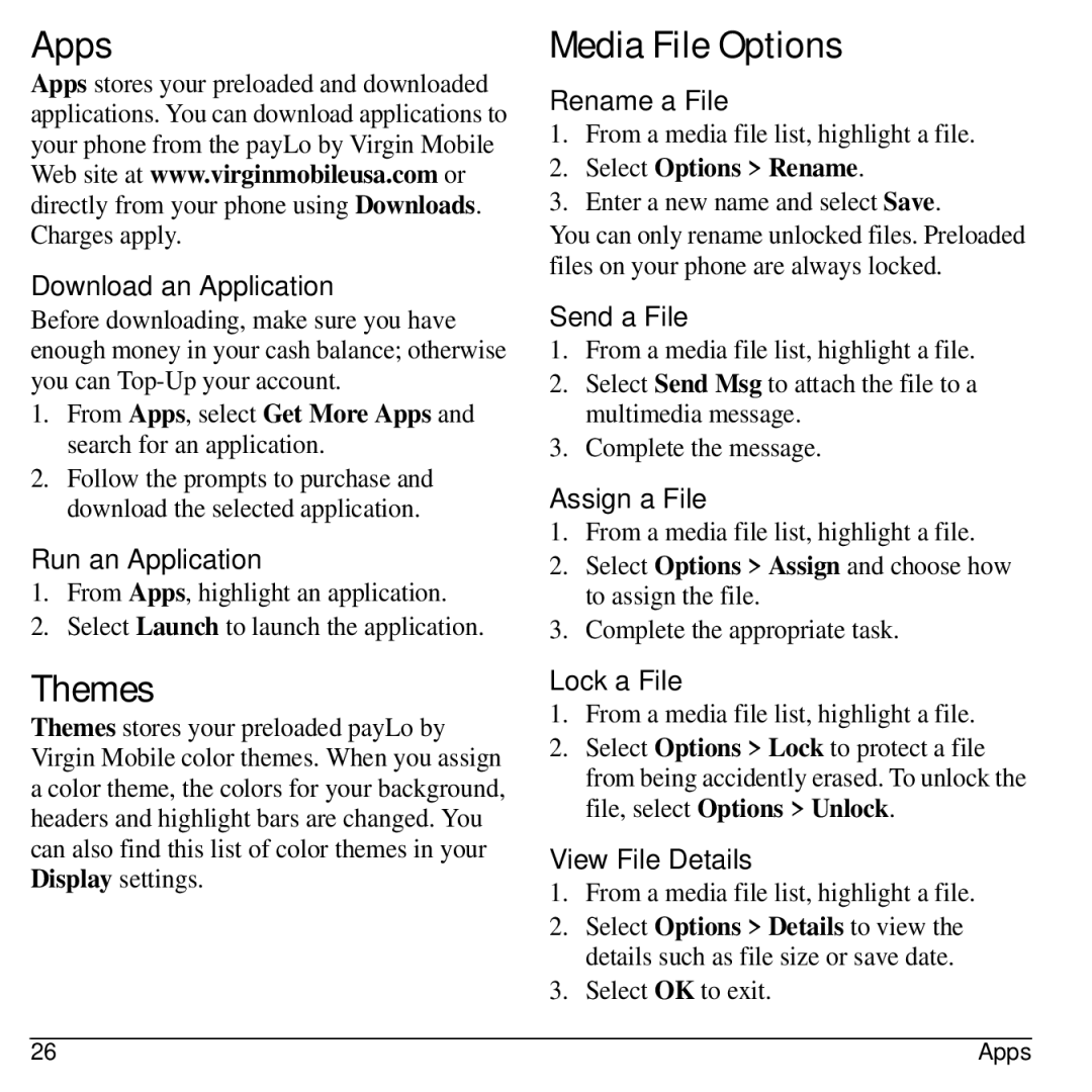 Virgin Mobile 836182001579 manual Apps, Themes, Media File Options 