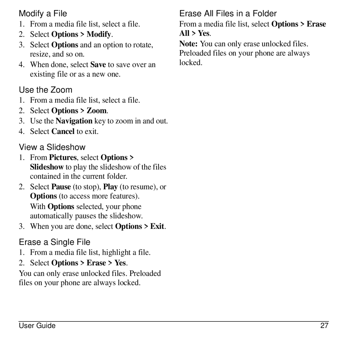 Virgin Mobile 836182001579 Modify a File, Use the Zoom, View a Slideshow, Erase a Single File, Erase All Files in a Folder 