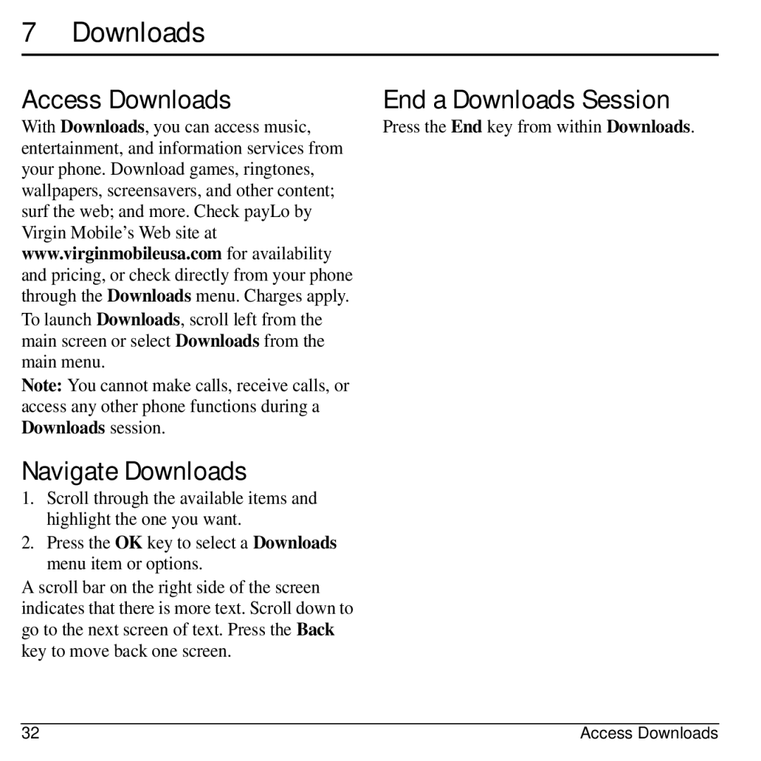 Virgin Mobile 836182001579 manual Access Downloads, Navigate Downloads, End a Downloads Session 