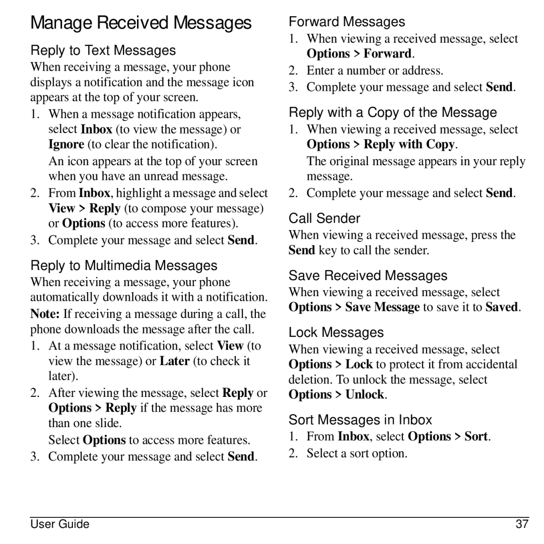 Virgin Mobile 836182001579 manual Manage Received Messages 