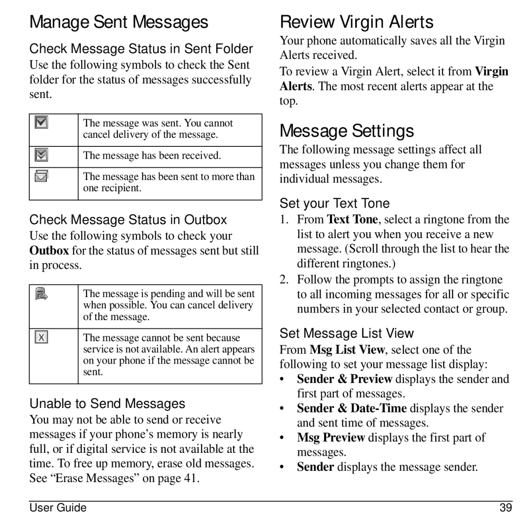 Virgin Mobile 836182001579 manual Manage Sent Messages, Review Virgin Alerts, Message Settings 