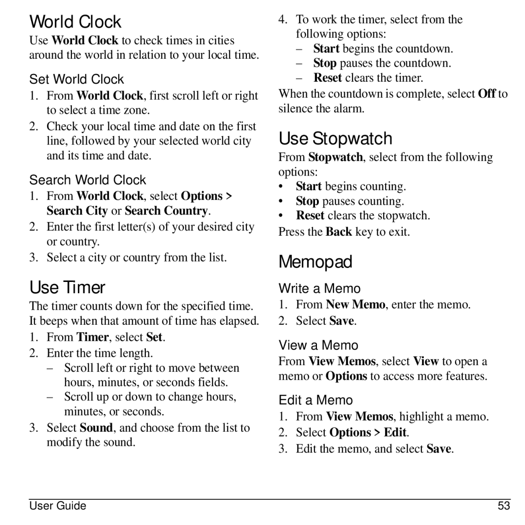 Virgin Mobile 836182001579 manual World Clock, Use Timer, Use Stopwatch, Memopad 