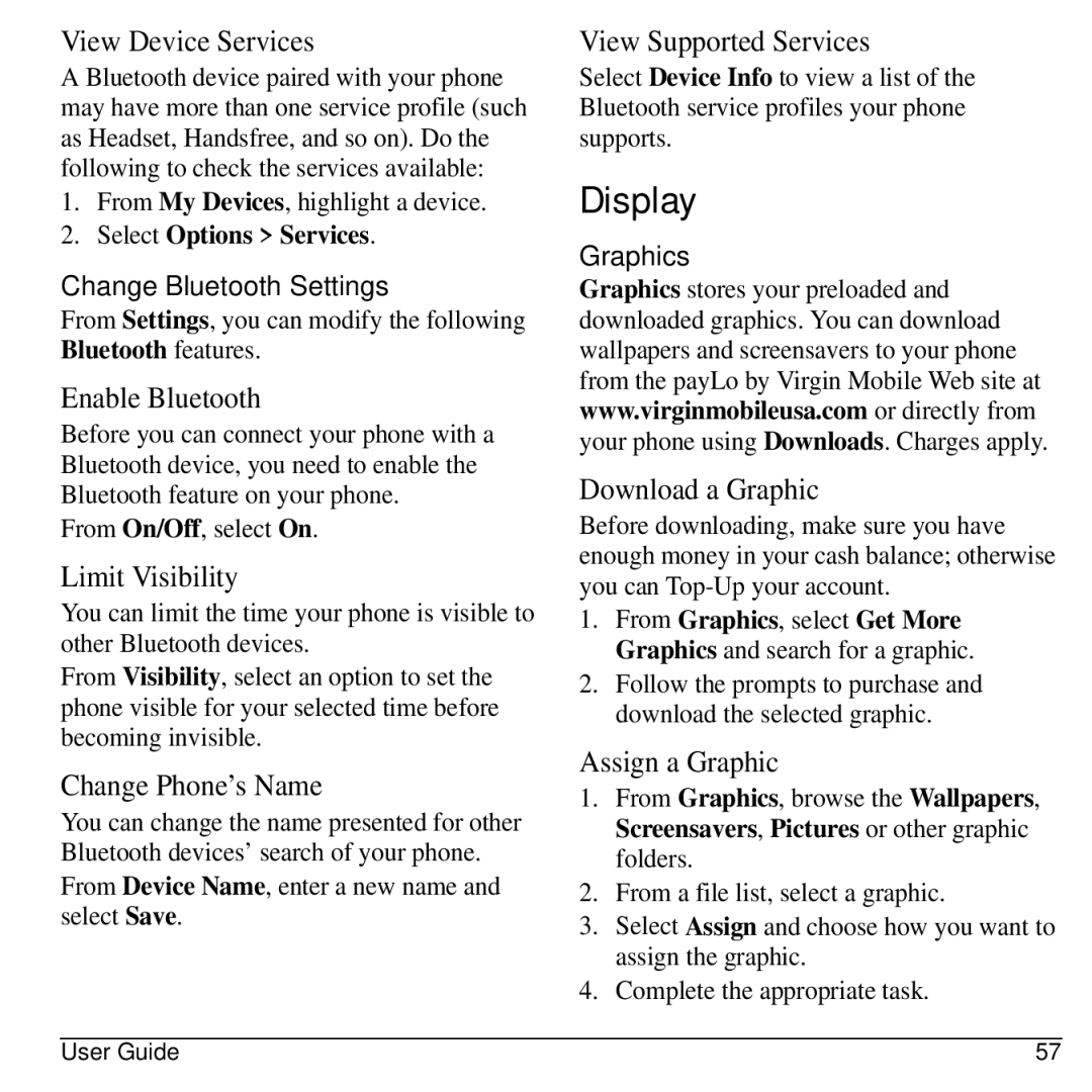 Virgin Mobile 836182001579 manual Display, Change Bluetooth Settings, Graphics 