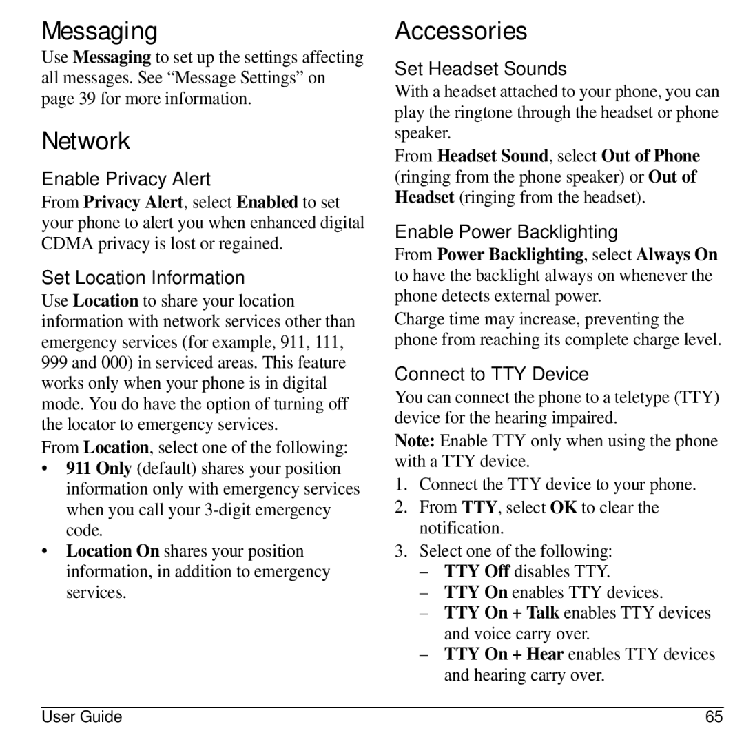 Virgin Mobile 836182001579 manual Messaging, Network, Accessories 