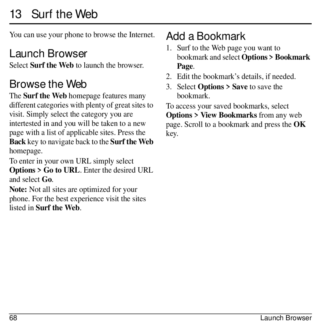 Virgin Mobile 836182001579 manual Surf the Web, Launch Browser, Browse the Web, Add a Bookmark 