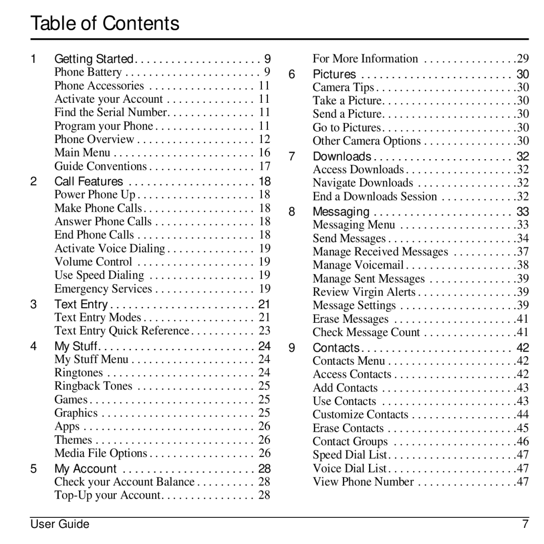 Virgin Mobile 836182001579 manual Table of Contents 