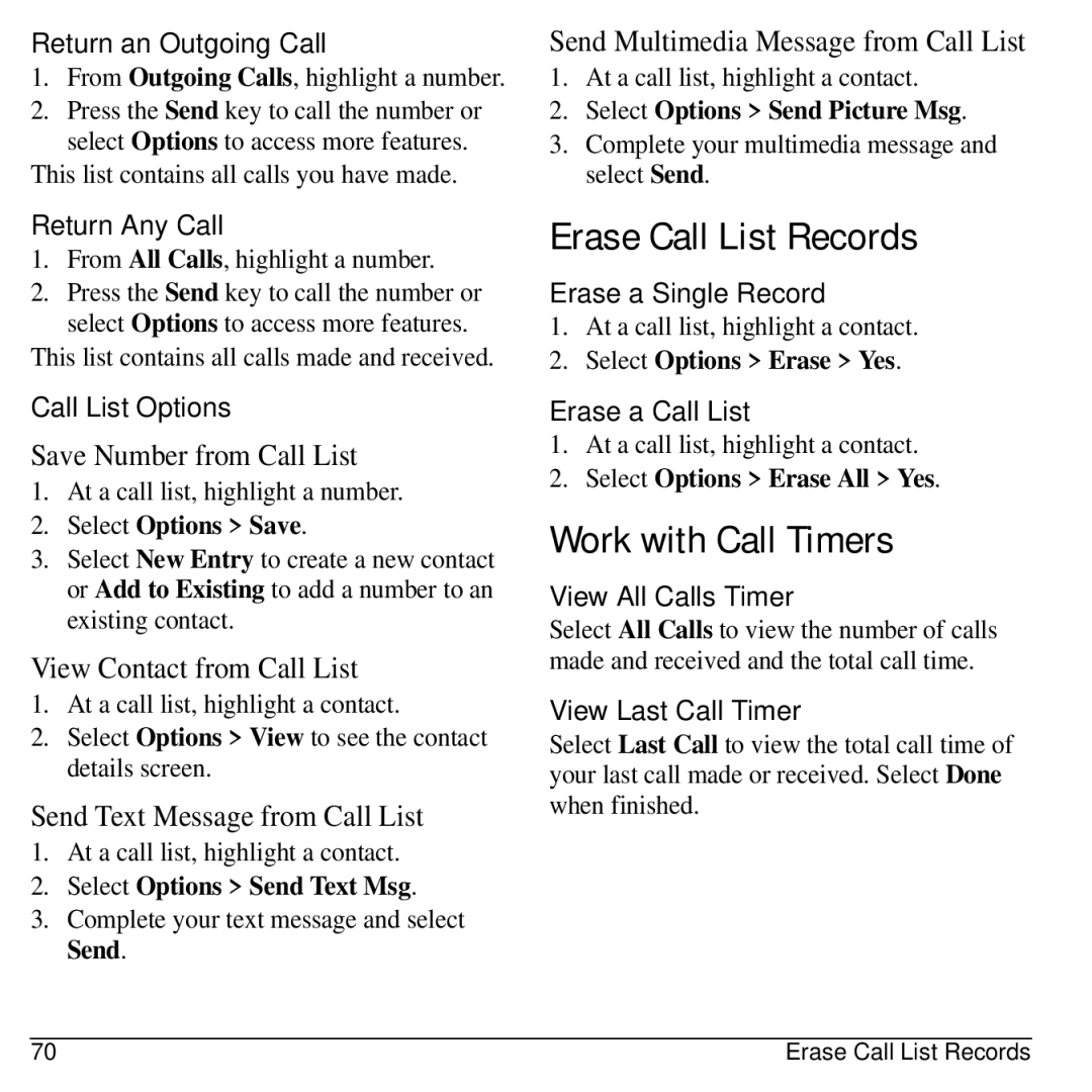 Virgin Mobile 836182001579 manual Erase Call List Records, Work with Call Timers 