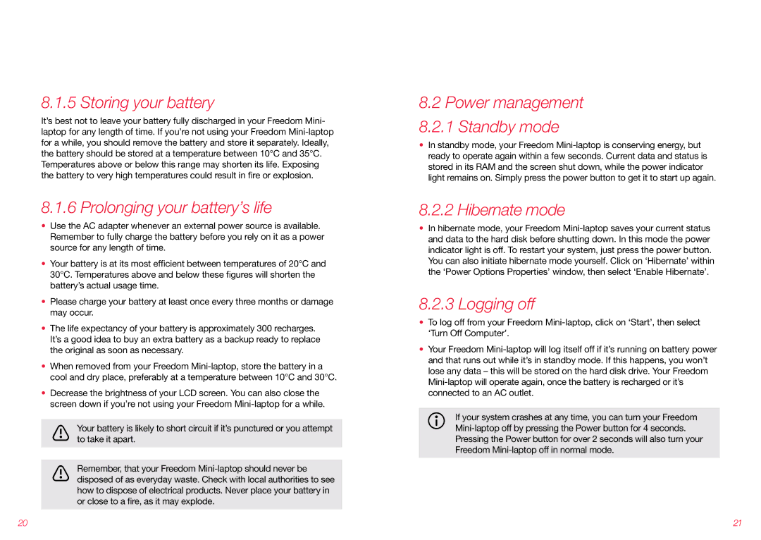 Virgin Mobile VMFNM0609 manual Storing your battery, Prolonging your battery’s life, Hibernate mode, Logging off 