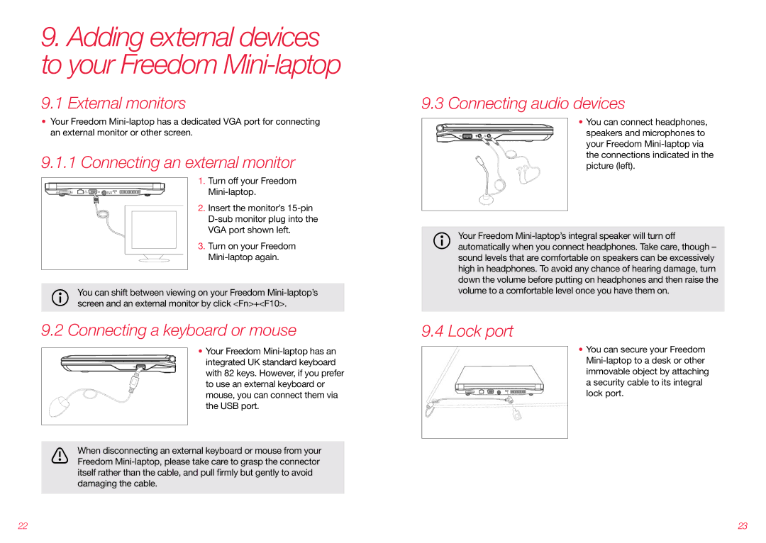 Virgin Mobile VMFNM0609 manual External monitors, Connecting an external monitor, Connecting a keyboard or mouse, Lock port 