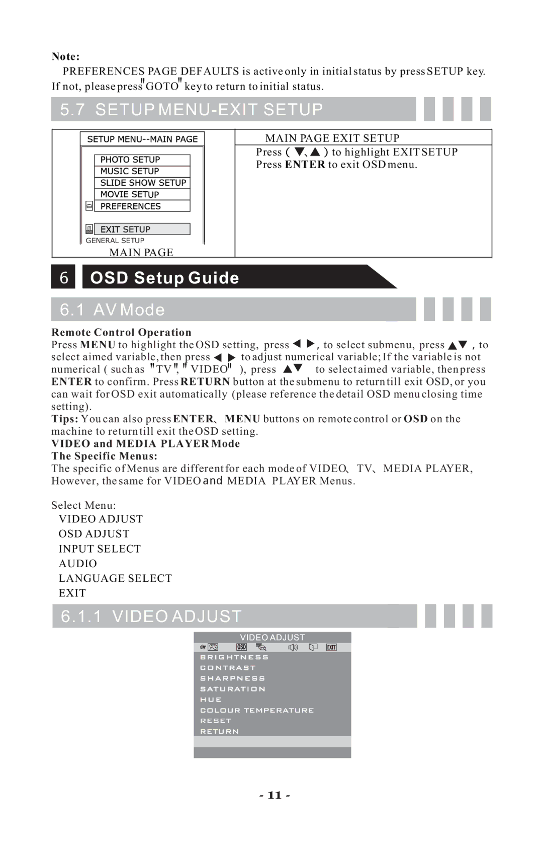 Visart Technologies 10.4 PORTABLE TV with built-in multimedia Card Player manual Setup MENU-EXIT Setup, OSD Setup Guide 