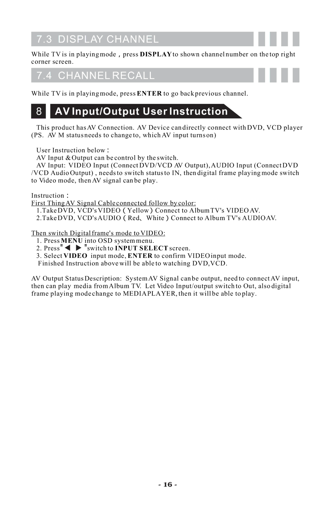 Visart Technologies 10.4 PORTABLE TV with built-in multimedia Card Player manual Display Channel, Channel Recall 