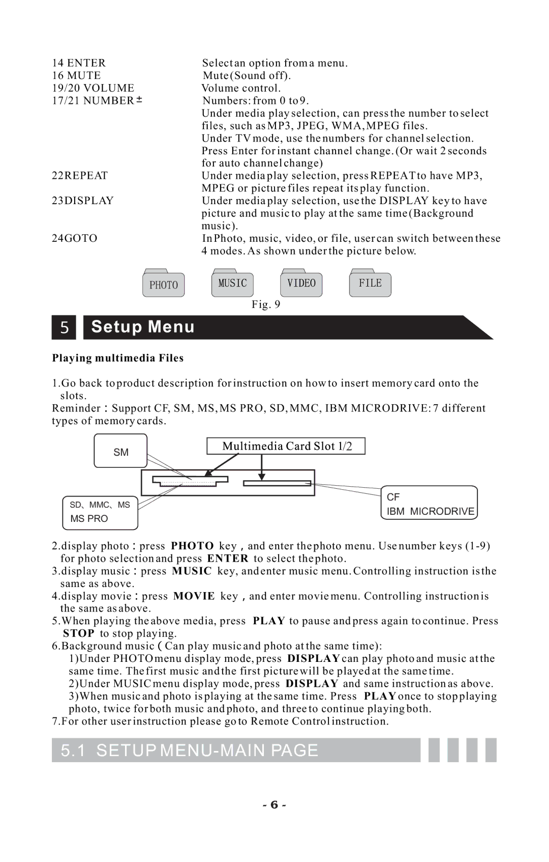 Visart Technologies 10.4 PORTABLE TV with built-in multimedia Card Player manual Setup Menu, Setup MENU-MAIN 