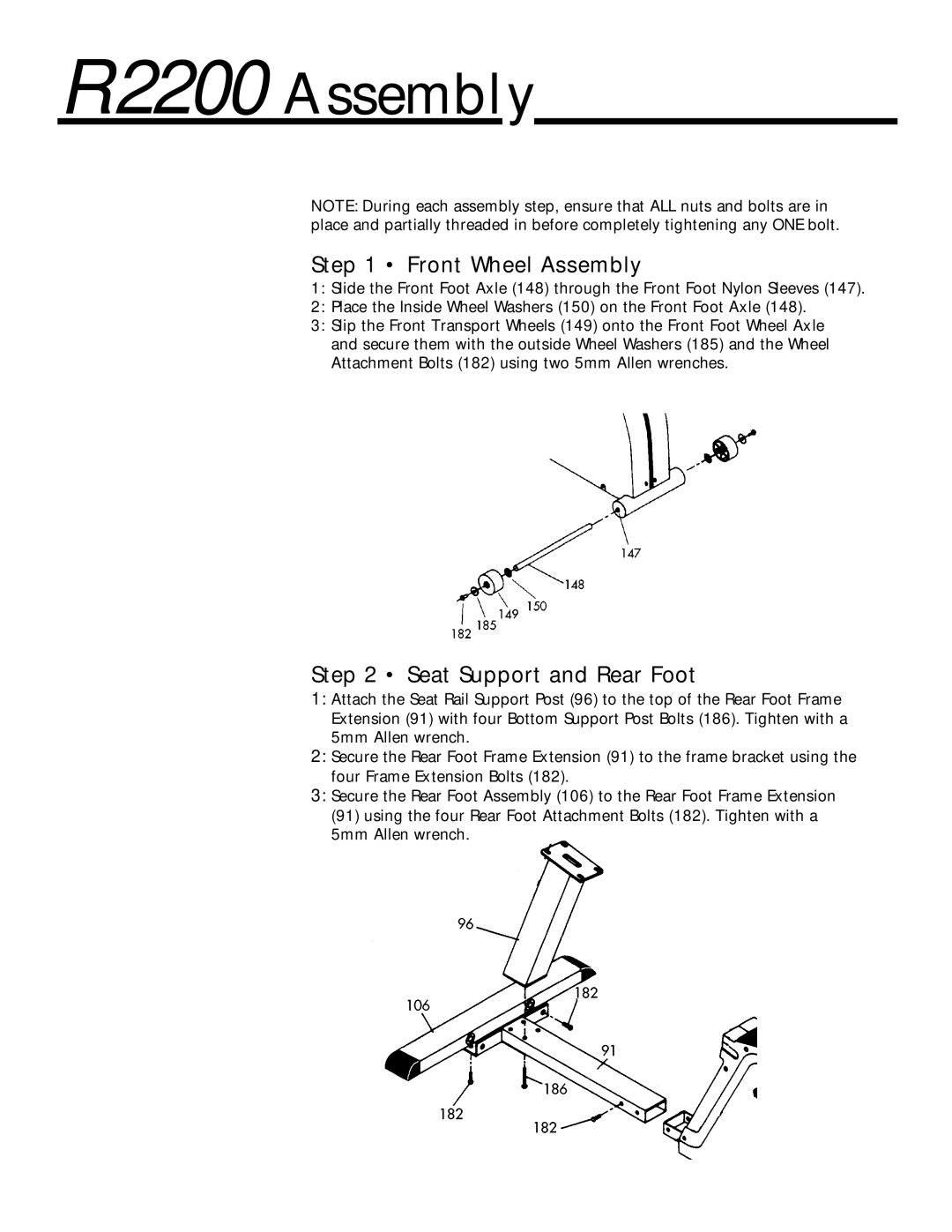 Vision Fitness 2200 HRC manual R2200 Assembly, Front Wheel Assembly, Seat Support and Rear Foot 