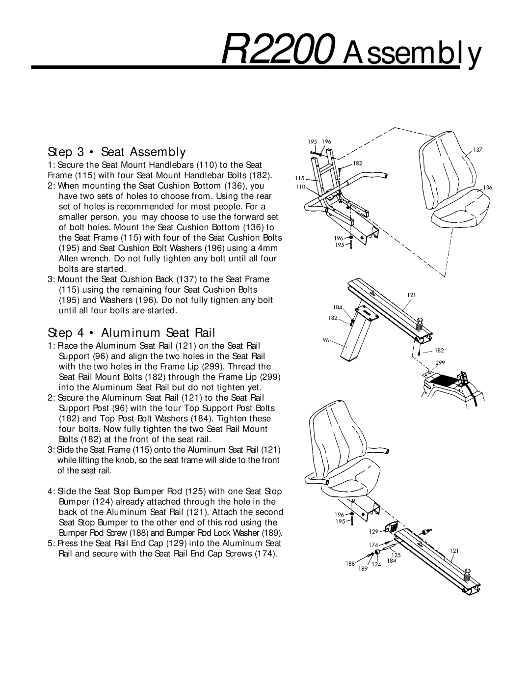 Vision Fitness 2200 HRC manual Seat Assembly, Aluminum Seat Rail 