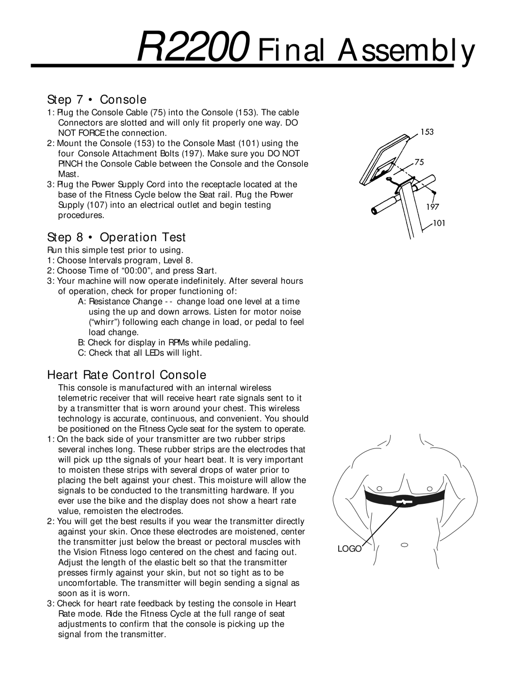 Vision Fitness 2200 HRC manual R2200 Final Assembly, Operation Test, Heart Rate Control Console 